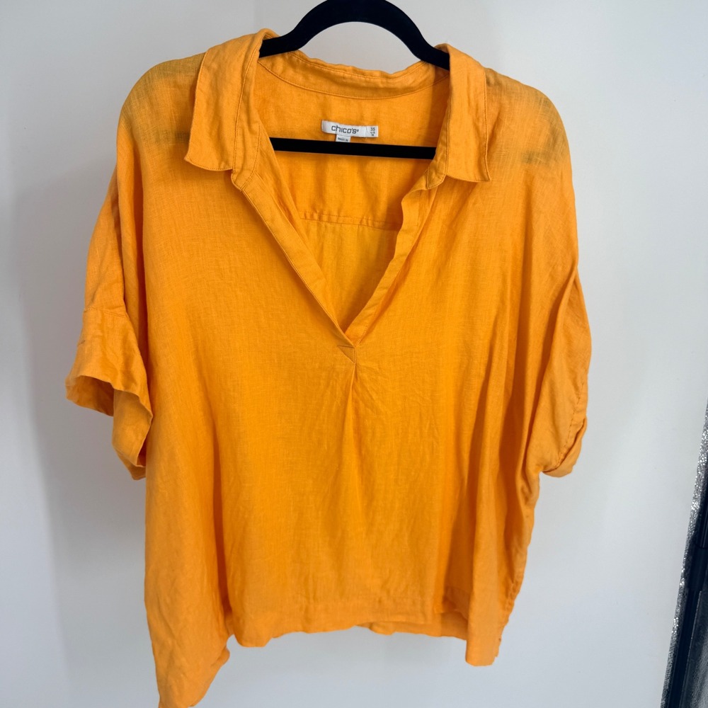 Chicos Orange 100% Linen V-Neck Tunic Top Short Sleeve 3.5 US 18 Solid Collared